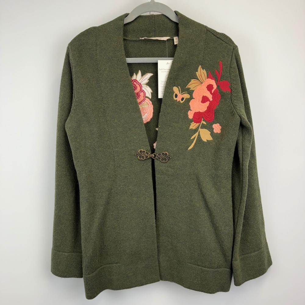 Soft Surroundings Olive Green Floral Embroidered Cardigan Sweater XS 2AN10 NEW